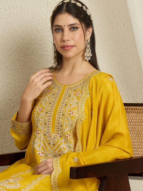 Elegant Yellow Chinon Embroidered Anarkali Kurta Palazzo Set