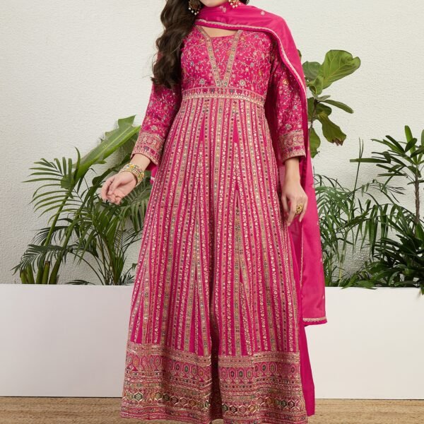 Exquisite Pink Chinon Heavy Embroidered Anarkali Gown