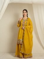 Mustard Yellow Organza Floral Embroidered Kurta Palazzo Set