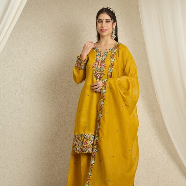Mustard Yellow Organza Floral Embroidered Kurta Palazzo Set