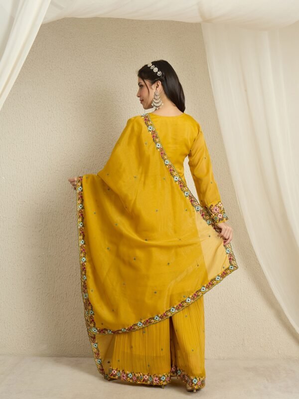 Mustard Yellow Organza Floral Embroidered Kurta Palazzo Set