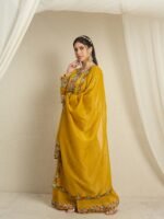 Mustard Yellow Organza Floral Embroidered Kurta Palazzo Set