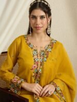 Mustard Yellow Organza Floral Embroidered Kurta Palazzo Set