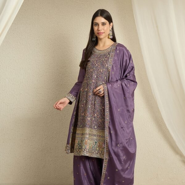 Purple Embroidered A-line Kurta Palazzo Set with Dupatta