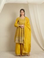 Purple Embroidered A-line Kurta Palazzo Set with Dupatta