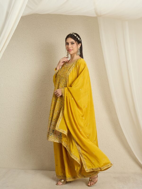Purple Embroidered A-line Kurta Palazzo Set with Dupatta