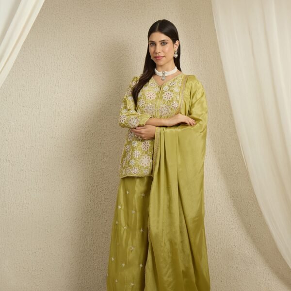 Alluring Green Embroidered Chinon Short Kurta Palazzo Set
