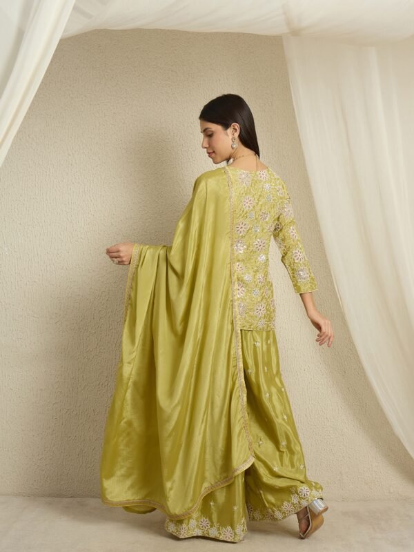 Alluring Green Embroidered Chinon Short Kurta Palazzo Set