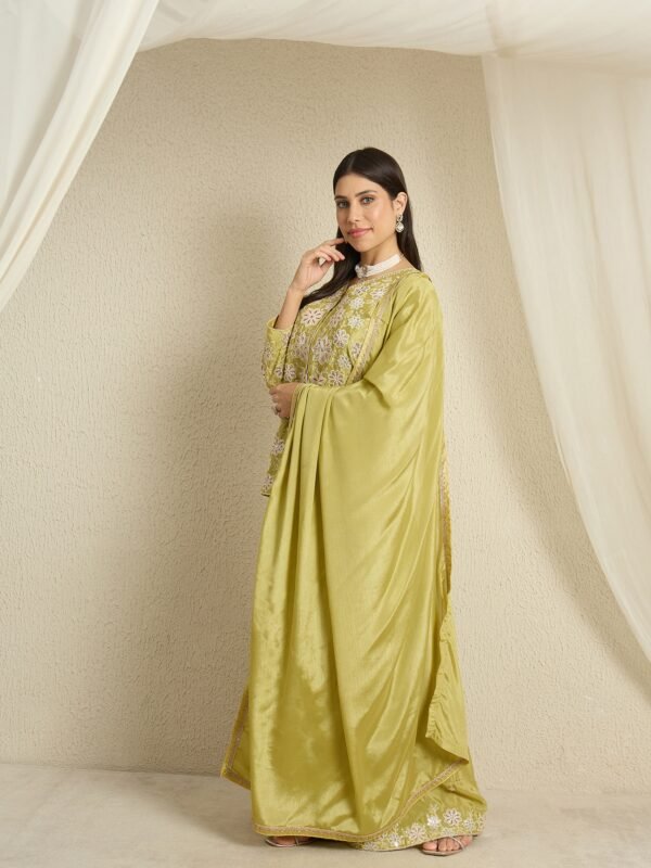 Alluring Green Embroidered Chinon Short Kurta Palazzo Set