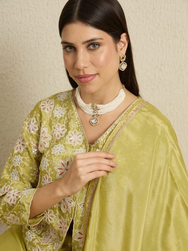 Alluring Green Embroidered Chinon Short Kurta Palazzo Set