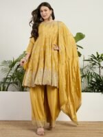 Dazzling Yellow Chinon Embroidered A-Line Kurta Palazzo Set