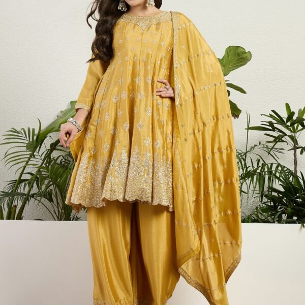 Dazzling Yellow Chinon Embroidered A-Line Kurta Palazzo Set