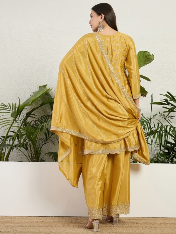 Dazzling Yellow Chinon Embroidered A-Line Kurta Palazzo Set