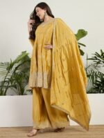 Dazzling Yellow Chinon Embroidered A-Line Kurta Palazzo Set