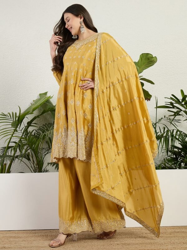 Dazzling Yellow Chinon Embroidered A-Line Kurta Palazzo Set