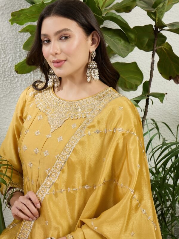 Dazzling Yellow Chinon Embroidered A-Line Kurta Palazzo Set