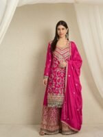 Radiant Pink Embroidered Chinon Kurta Palazzo Set