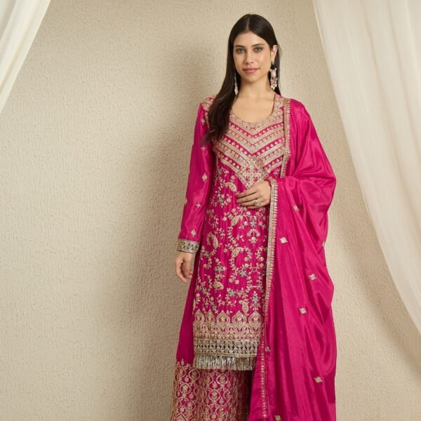 Radiant Pink Embroidered Chinon Kurta Palazzo Set