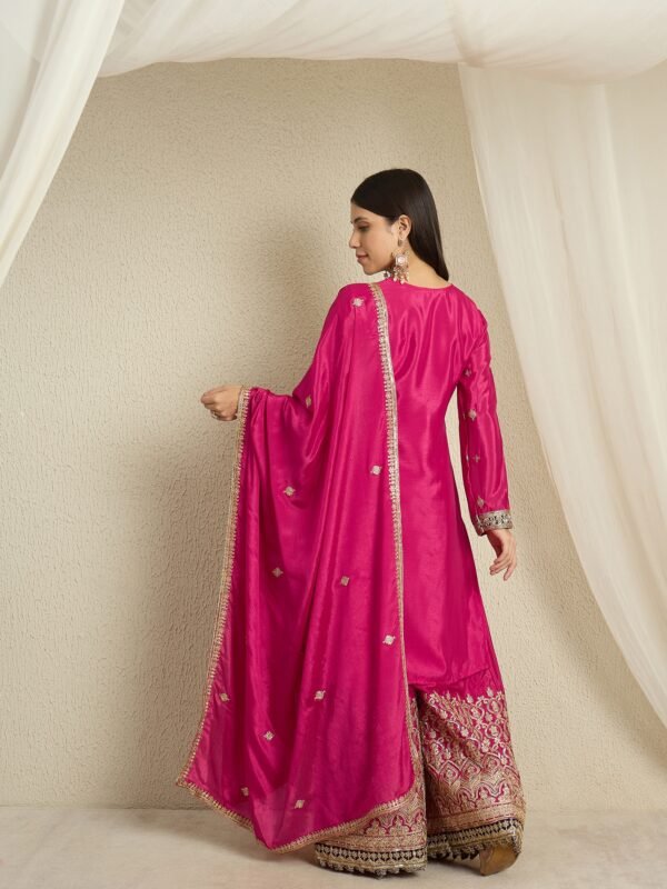 Radiant Pink Embroidered Chinon Kurta Palazzo Set