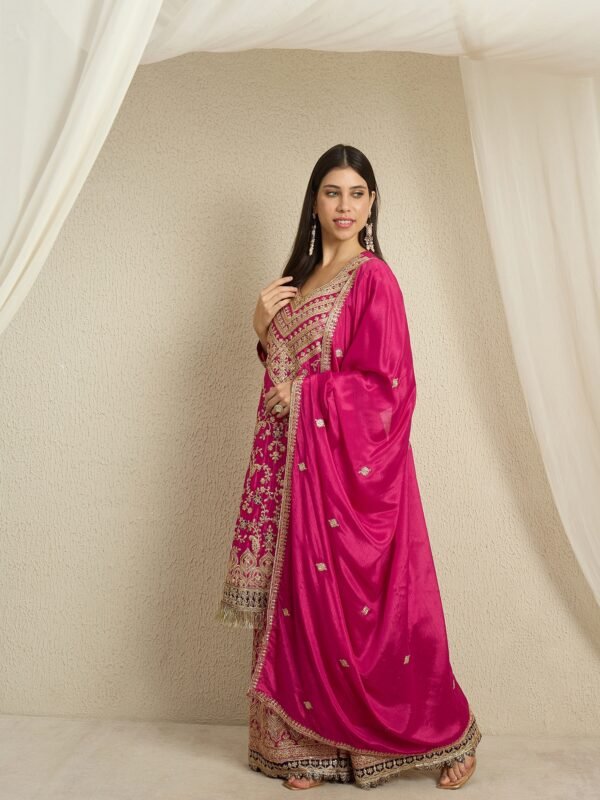 Radiant Pink Embroidered Chinon Kurta Palazzo Set