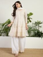 Off-White Embroidered Chinon A-Line Kurta Palazzo Set with Dupatta