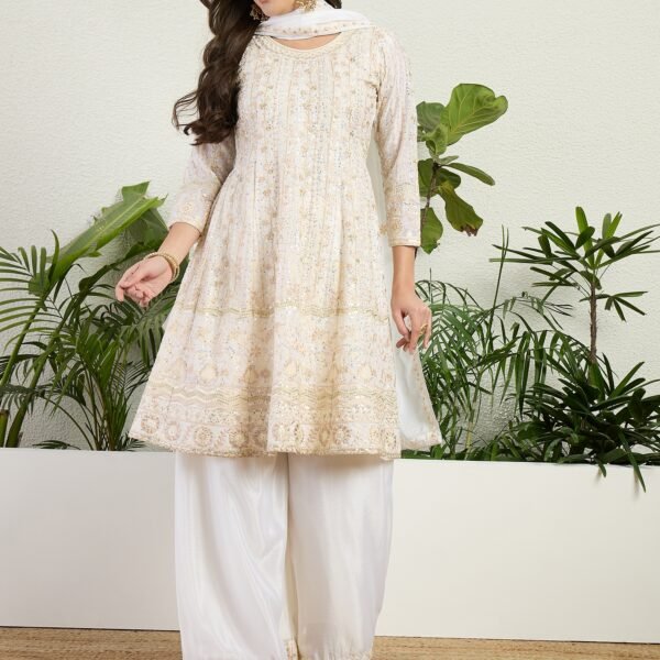 Off-White Embroidered Chinon A-Line Kurta Palazzo Set with Dupatta