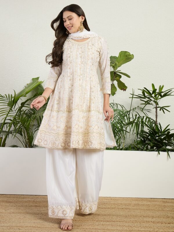 Off-White Embroidered Chinon A-Line Kurta Palazzo Set with Dupatta