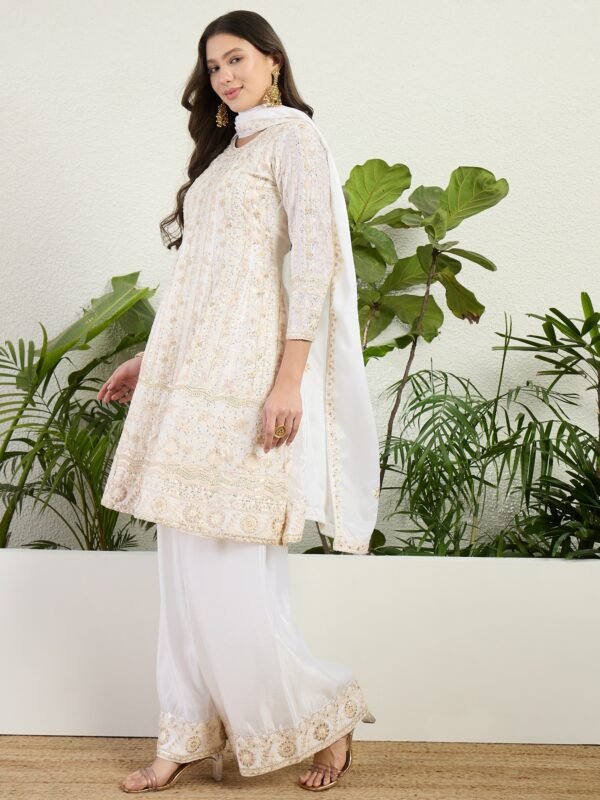 Off-White Embroidered Chinon A-Line Kurta Palazzo Set with Dupatta