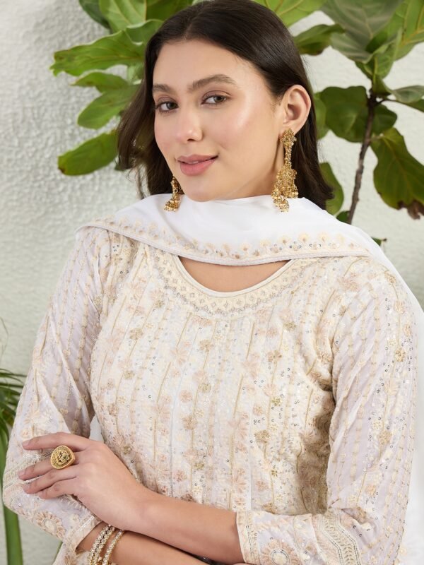 Off-White Embroidered Chinon A-Line Kurta Palazzo Set with Dupatta