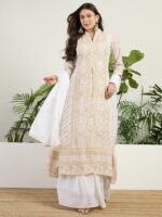 Off-White Embroidered Chinon A-Line Kurta Lehenga Set with Dupatta