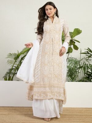 Off-White Embroidered Chinon A-Line Kurta Lehenga Set with Dupatta