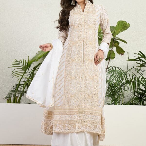 Off-White Embroidered Chinon A-Line Kurta Lehenga Set with Dupatta
