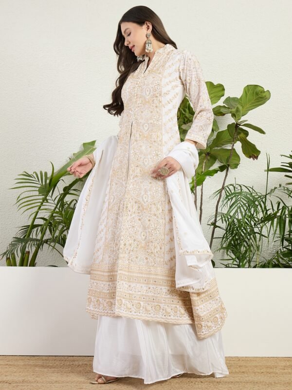 Off-White Embroidered Chinon A-Line Kurta Lehenga Set with Dupatta