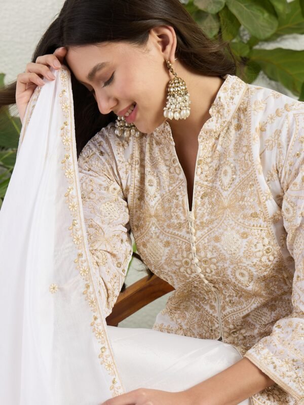 Off-White Embroidered Chinon A-Line Kurta Lehenga Set with Dupatta