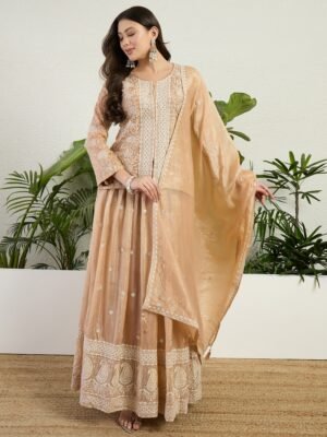Brown Embroidered Organza Kurta Lehenga Set with Dupatta