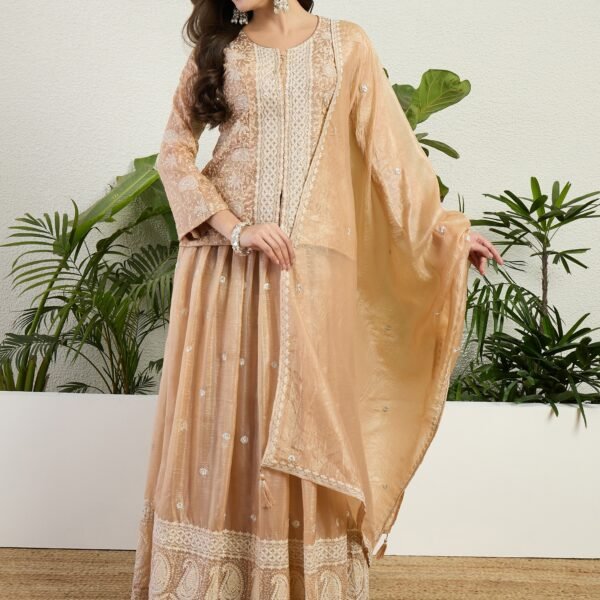Brown Embroidered Organza Kurta Lehenga Set with Dupatta