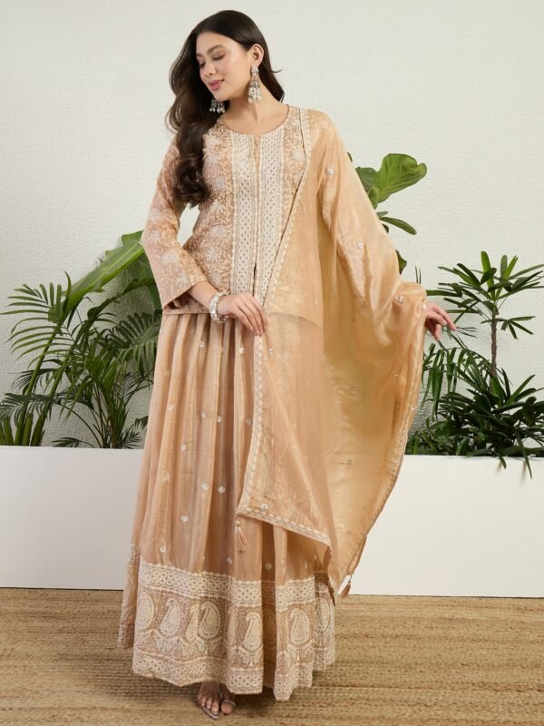 Brown Embroidered Organza Kurta Lehenga Set with Dupatta