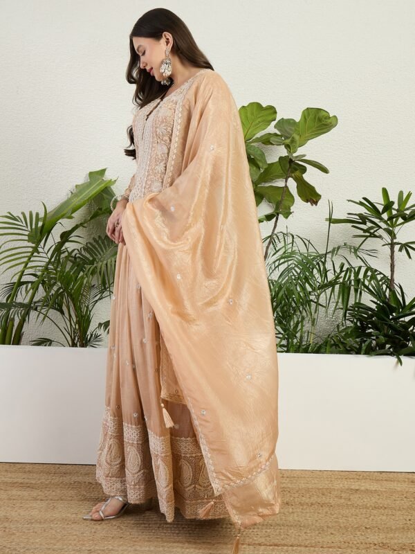 Brown Embroidered Organza Kurta Lehenga Set with Dupatta
