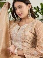 Brown Embroidered Organza Kurta Lehenga Set with Dupatta