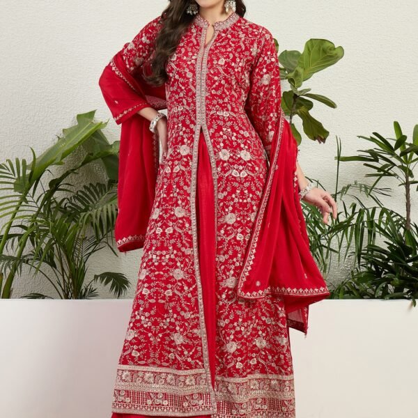 Exquisite Red Chinon Embroidered Front-Slit Kurta Lehenga Set