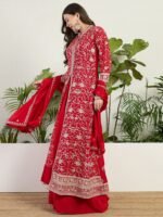 Exquisite Red Chinon Embroidered Front-Slit Kurta Lehenga Set