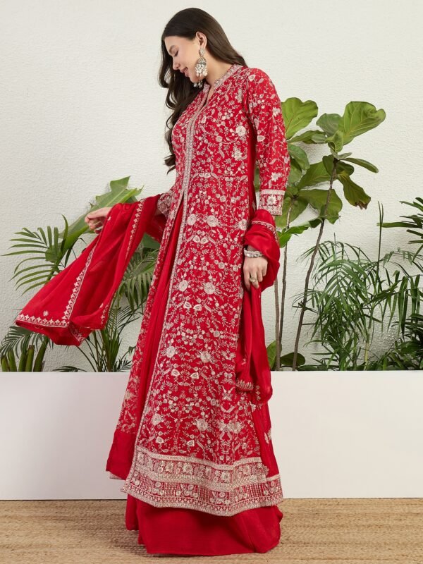 Exquisite Red Chinon Embroidered Front-Slit Kurta Lehenga Set