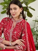 Exquisite Red Chinon Embroidered Front-Slit Kurta Lehenga Set