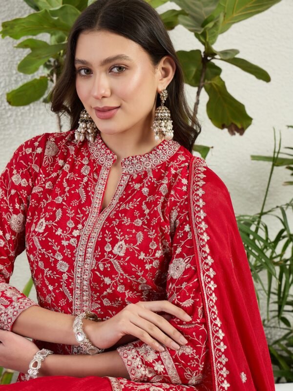 Exquisite Red Chinon Embroidered Front-Slit Kurta Lehenga Set
