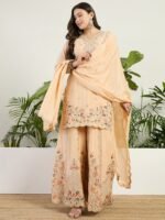 Cream Chinon Embroidered Straight Kurta Palazzo Set with Dupatta