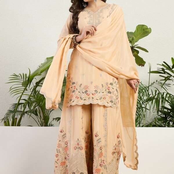Cream Chinon Embroidered Straight Kurta Palazzo Set with Dupatta
