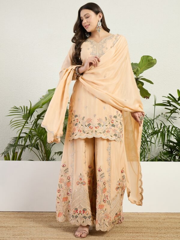 Cream Chinon Embroidered Straight Kurta Palazzo Set with Dupatta