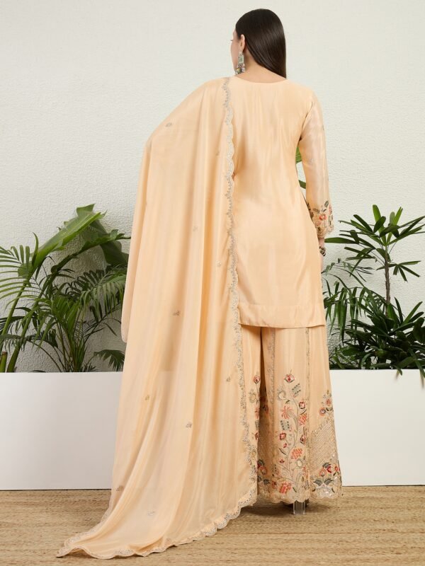 Cream Chinon Embroidered Straight Kurta Palazzo Set with Dupatta