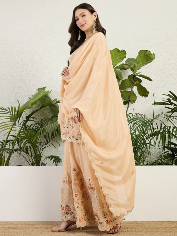 Cream Chinon Embroidered Straight Kurta Palazzo Set with Dupatta