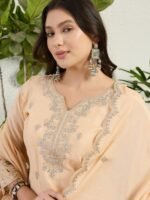 Cream Chinon Embroidered Straight Kurta Palazzo Set with Dupatta